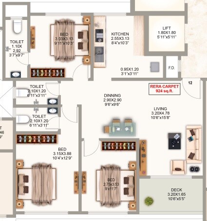 Floor plan of 3 BHK 924 Sq. Ft. Apartment in Varad Yog, Mumbai
