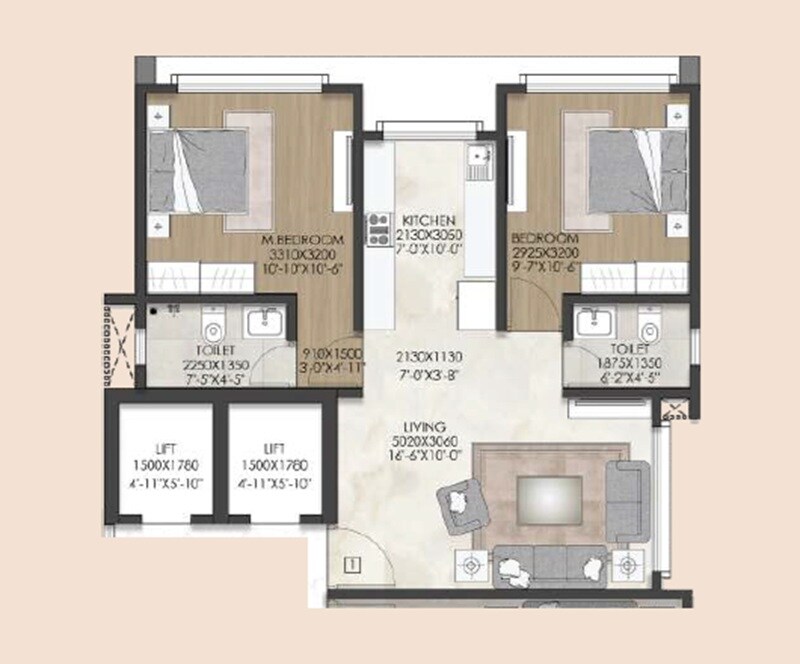 Floor plan of 2 BHK 541 Sq. Ft. Apartment in Vardhaman Aarambh, Mumbai