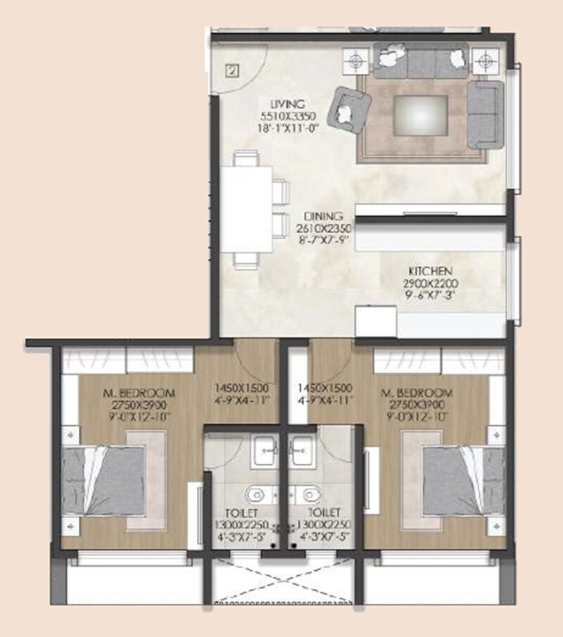 Floor plan of 2 BHK 707 Sq. Ft. Apartment in Vardhaman Aarambh, Mumbai