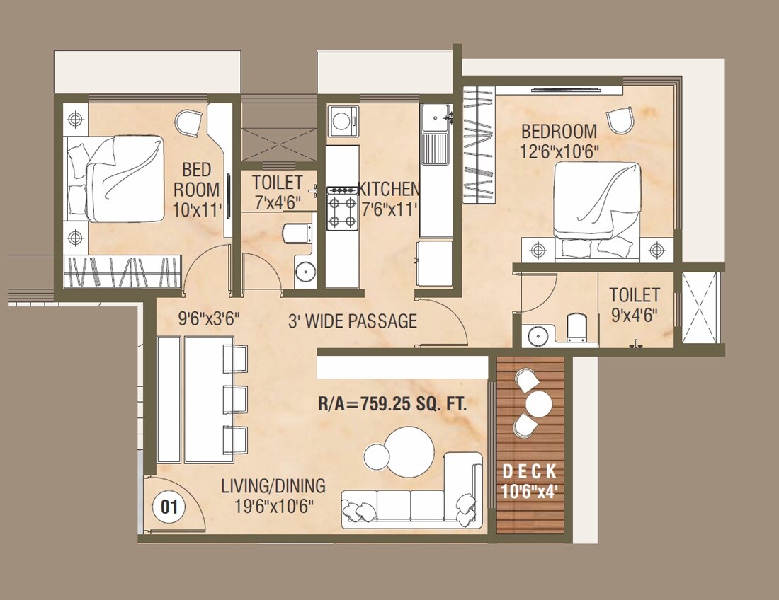 Floor plan of 2 BHK 802 Sq. Ft. Apartment in Vardhaman Ananda, Mumbai