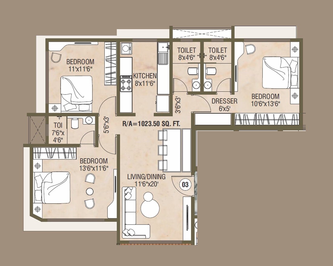 Floor plan of 3 BHK 1024 Sq. Ft. Apartment in Vardhaman Ananda, Mumbai