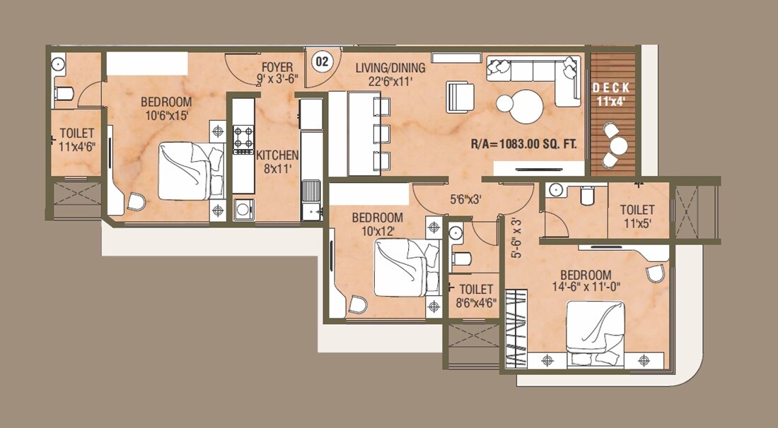 Floor plan of 3 BHK 1083 Sq. Ft. Apartment in Vardhaman Ananda, Mumbai