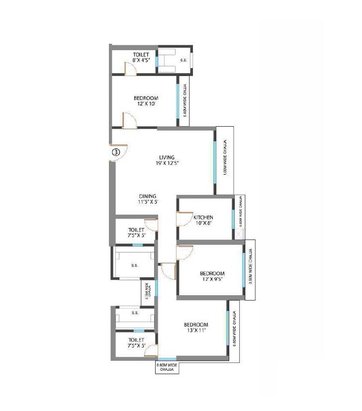 3 BHK 950 Sq. Ft. Apartment