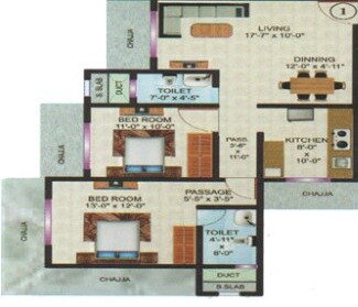 Floor plan of 2 BHK 813 Sq. Ft. Apartment in Vardhaman Flora Phase 1, Mumbai