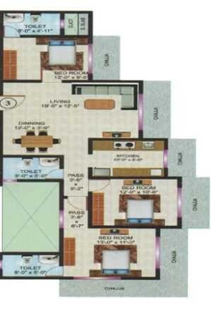 Floor plan of 3 BHK 974 Sq. Ft. Apartment in Vardhaman Flora Phase 1, Mumbai