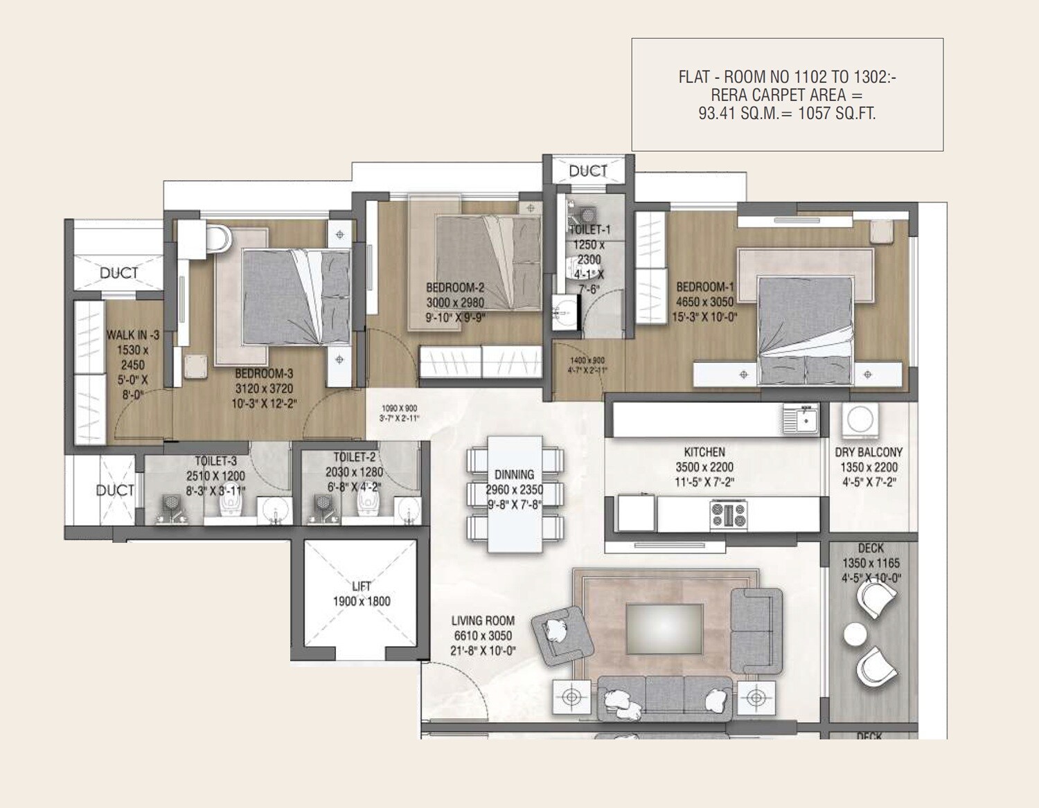 Floor plan of 3 BHK 1057 Sq. Ft. Apartment in Vardhaman Palace, Mumbai