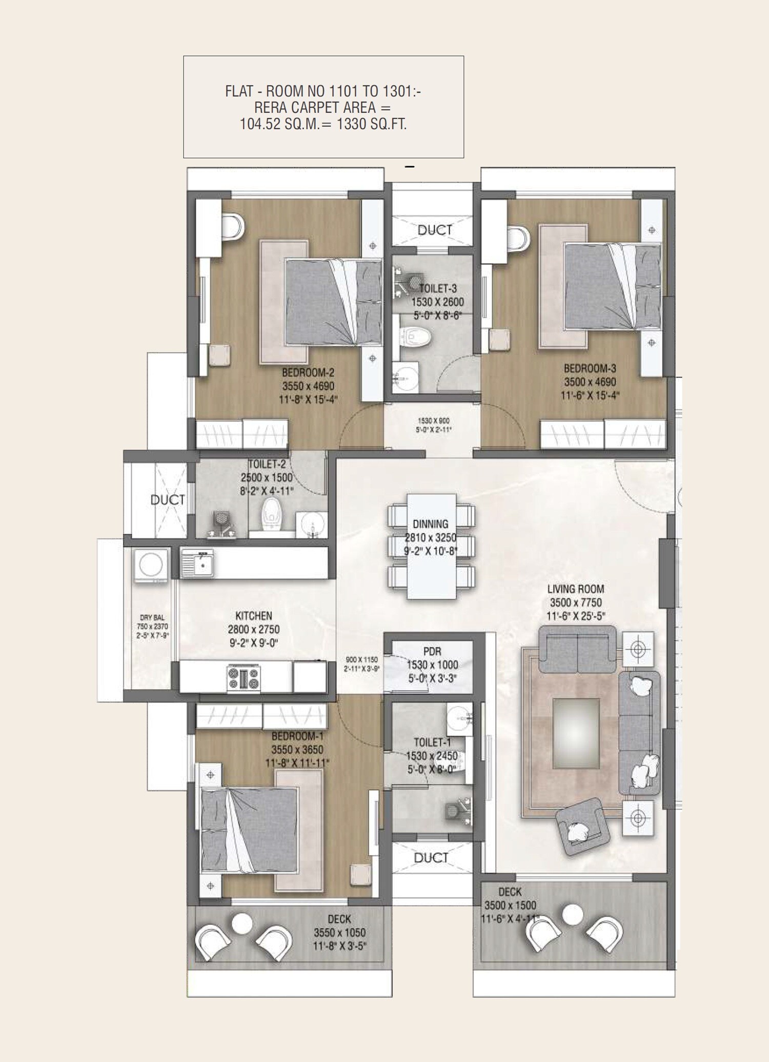 Floor plan of 3 BHK 1330 Sq. Ft. Apartment in Vardhaman Palace, Mumbai