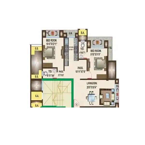 Floor plan of 2 BHK 586 Sq. Ft. Apartment in Vardhman Crystal, Mumbai