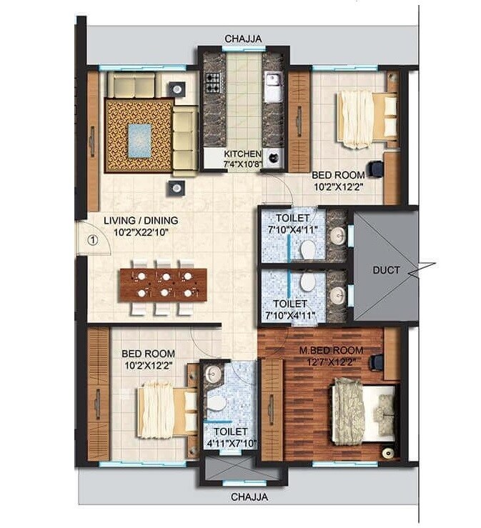 Floor plan of 3 BHK 845 Sq. Ft. Apartment in Vardhman Grandeur, Mumbai