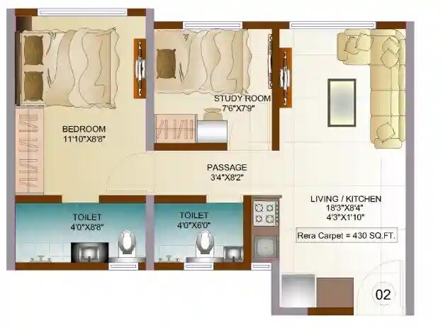 Floor plan of 1 BHK 430 Sq. Ft. Apartment in Vardhman Habitat, Mumbai