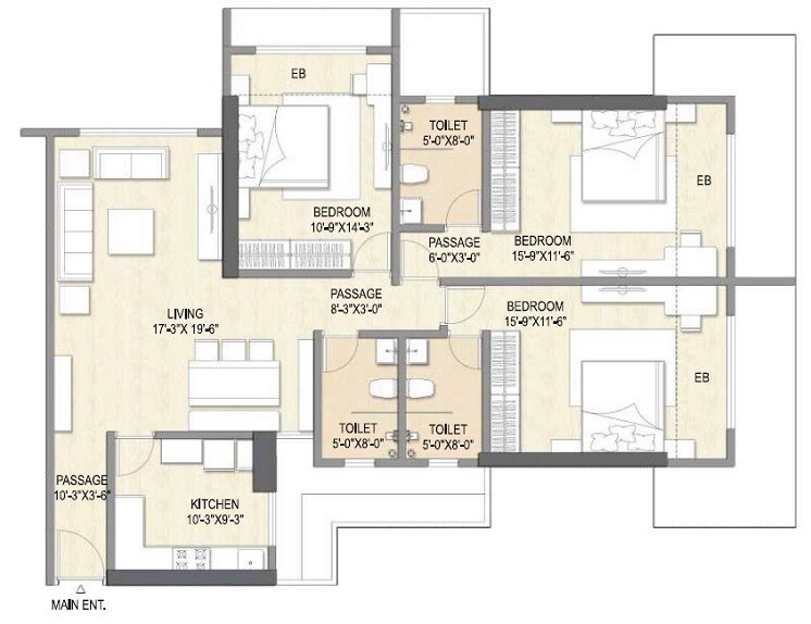 3 BHK 1005 Sq. Ft. Apartment