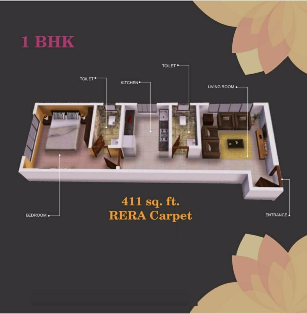 Floor plan of 1 BHK 411 Sq. Ft. Apartment in Vastu Pinnacle, Mumbai