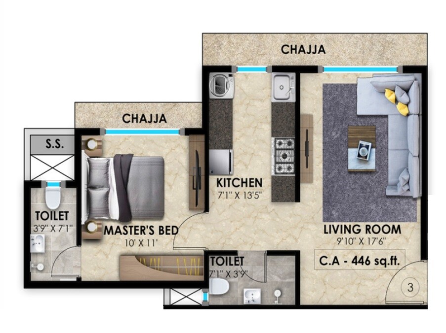 Floor plan of 1 BHK 446 Sq. Ft. Apartment in Vasundhara Ganesh Chhaya CHS, Mumbai