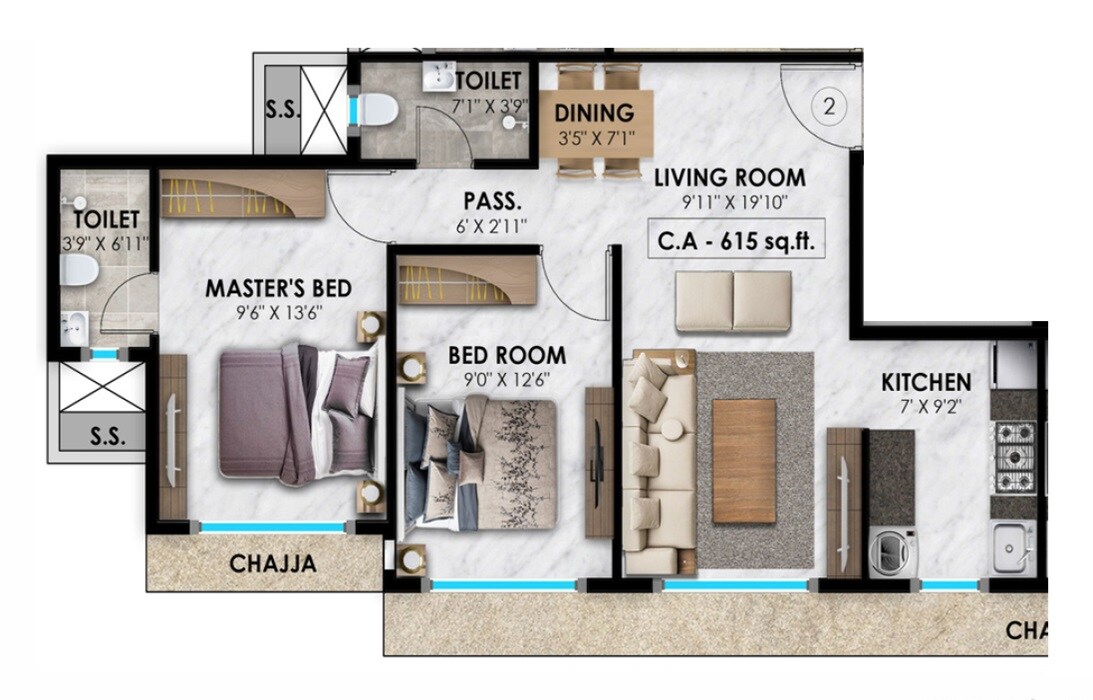 Floor plan of 2 BHK 615 Sq. Ft. Apartment in Vasundhara Ganesh Chhaya CHS, Mumbai