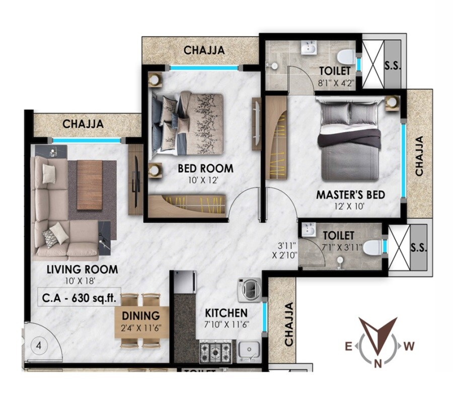 Floor plan of 2 BHK 630 Sq. Ft. Apartment in Vasundhara Ganesh Chhaya CHS, Mumbai