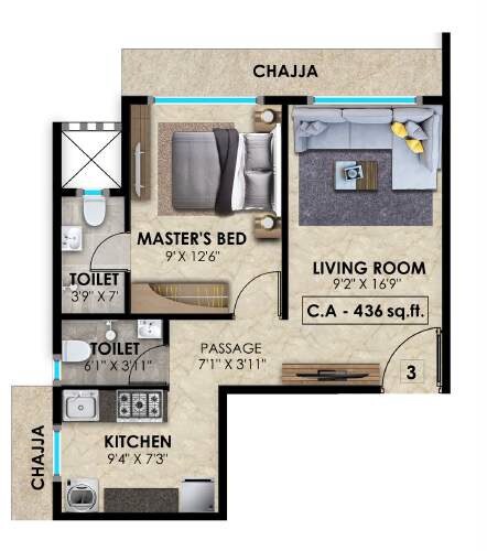 Floor plan of 1 BHK 436 Sq. Ft. Apartment in Vasundhara Geetanjali Paradise, Mumbai