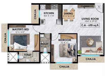 Floor plan of 2 BHK 695 Sq. Ft. Apartment in Vasundhara Geetanjali Paradise, Mumbai