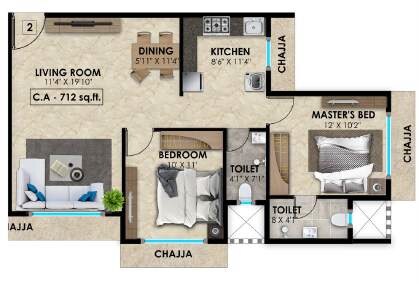 Floor plan of 2 BHK 712 Sq. Ft. Apartment in Vasundhara Geetanjali Paradise, Mumbai