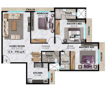 Floor plan of 3 BHK 970 Sq. Ft. Apartment in Vasundhara Geetanjali Paradise, Mumbai