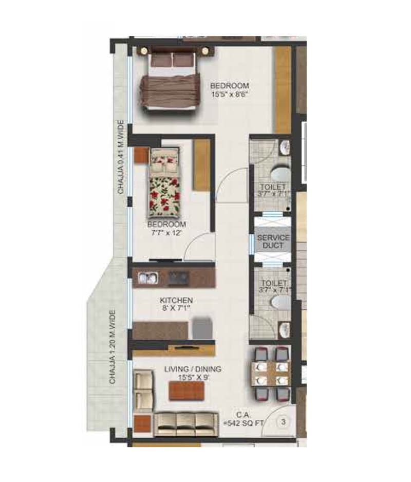 2 BHK 542 Sq. Ft. Apartment