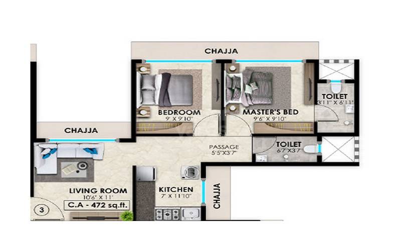 Floor plan of 2 BHK 600 Sq. Ft. Apartment in Vasundhara Paradise, Mumbai