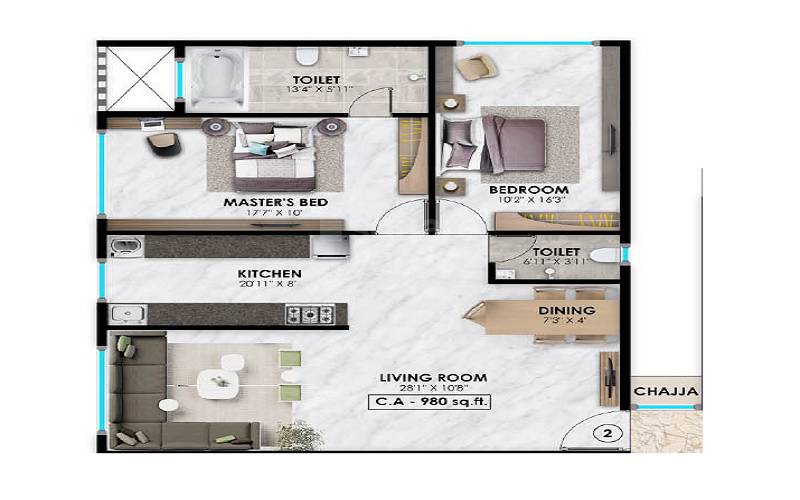 2 BHK 695 Sq. Ft. Apartment