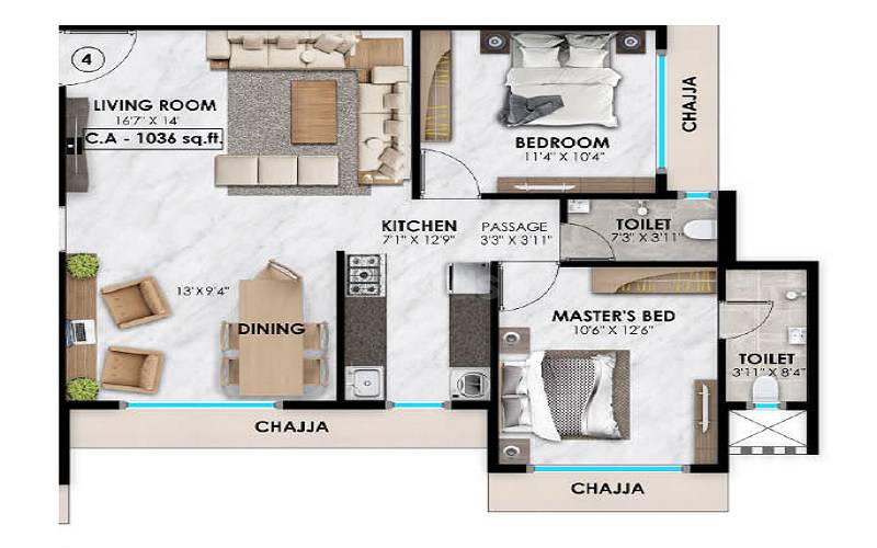 Floor plan of 3 BHK 1036 Sq. Ft. Apartment in Vasundhara Paradise, Mumbai
