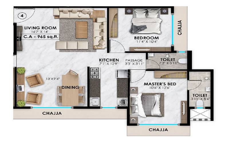 Floor plan of 3 BHK 965 Sq. Ft. Apartment in Vasundhara Paradise, Mumbai
