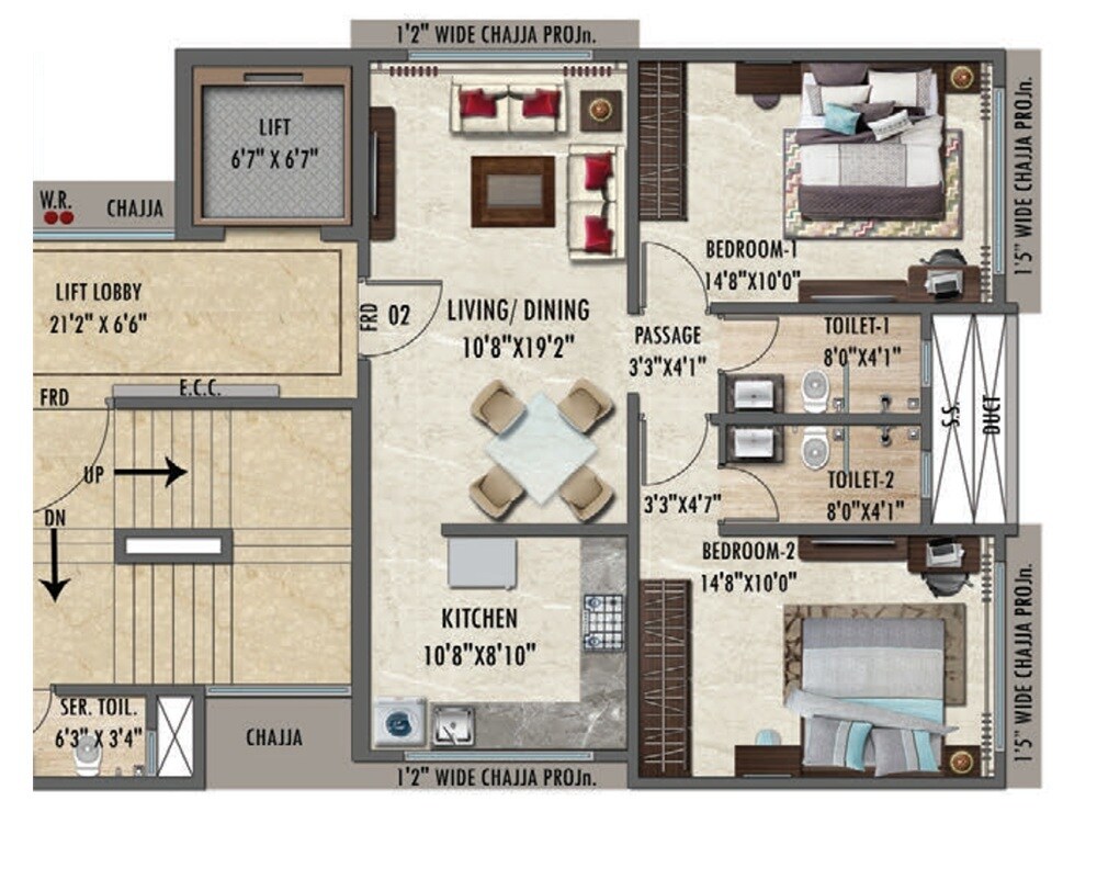 Floor plan of 2 BHK 726 Sq. Ft. Apartment in Vaswani Bel Air, Mumbai