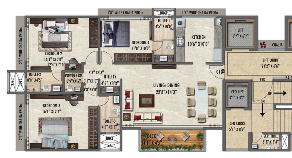 Floor plan of 3 BHK 1248 Sq. Ft. Apartment in Vaswani Bel Air, Mumbai