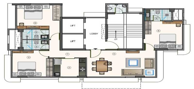Floor plan of 3 BHK 1100 Sq. Ft. Apartment in Vaswani Vaastu, Mumbai