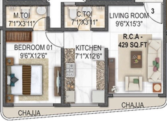 Floor plan of 1 BHK 429 Sq. Ft. Apartment in Vaswani Vista One, Mumbai