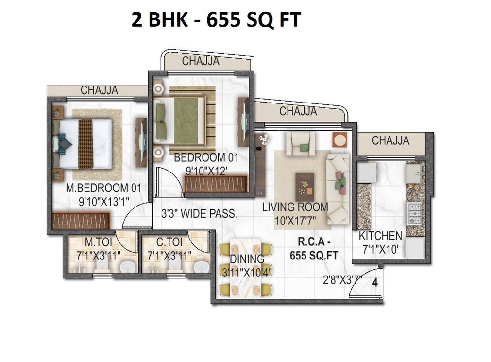 Floor plan of 2 BHK 655 Sq. Ft. Apartment in Vaswani Vista One, Mumbai