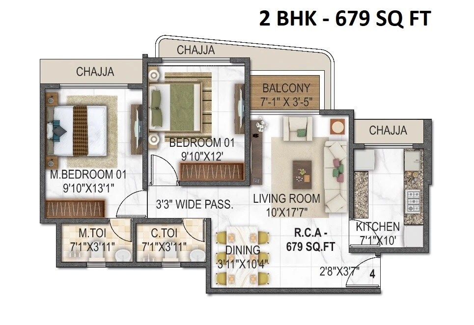 Floor plan of 2 BHK 679 Sq. Ft. Apartment in Vaswani Vista One, Mumbai