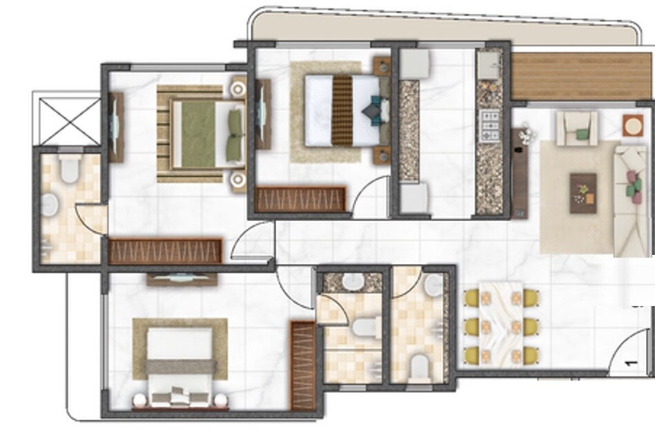 Floor plan of 3 BHK 872 Sq. Ft. Apartment in Vaswani Vista One, Mumbai