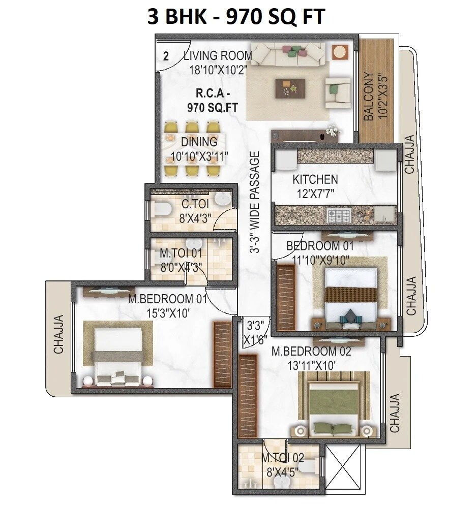 Floor plan of 3 BHK 970 Sq. Ft. Apartment in Vaswani Vista One, Mumbai
