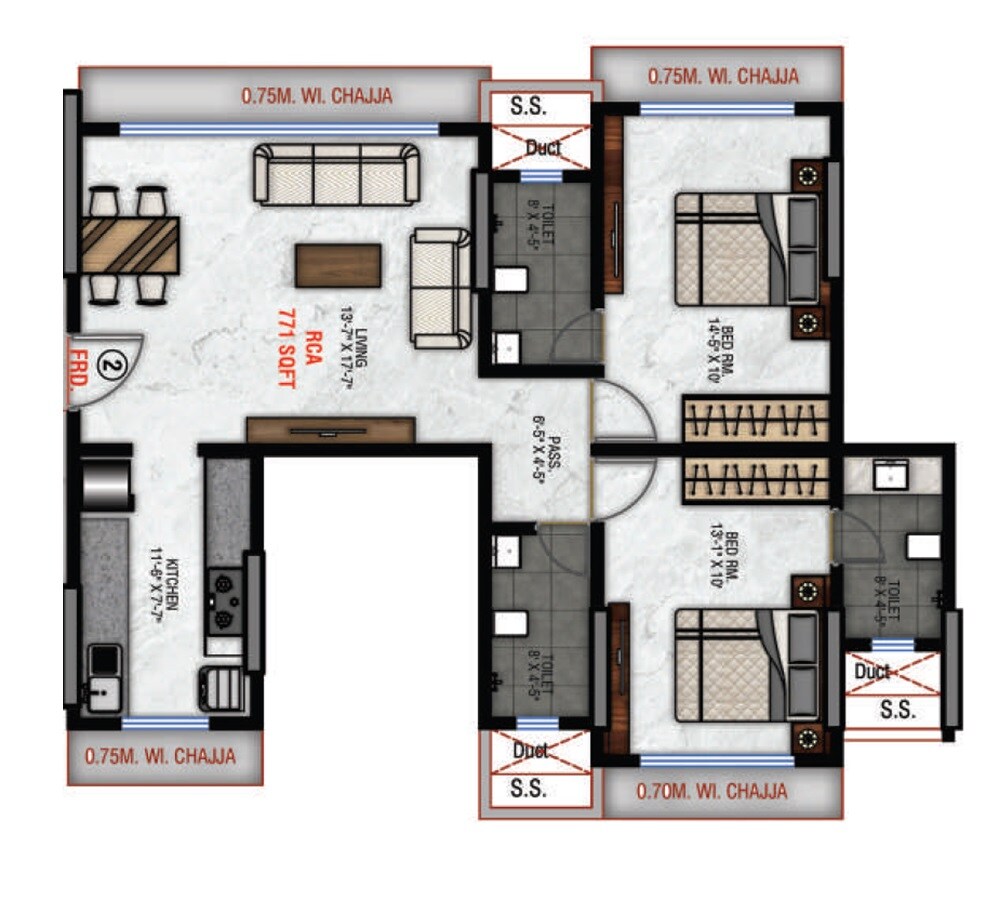 Floor plan of 2 BHK 771 Sq. Ft. Apartment in Vatsal CHS, Mumbai