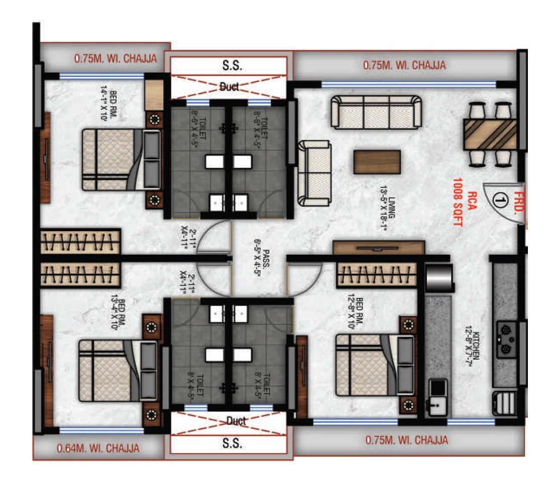 Floor plan of 3 BHK 1008 Sq. Ft. Apartment in Vatsal CHS, Mumbai