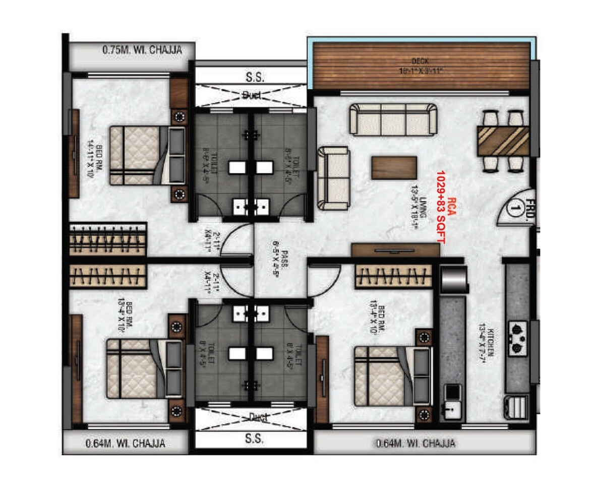 Floor plan of 3 BHK 1029 Sq. Ft. Apartment in Vatsal CHS, Mumbai