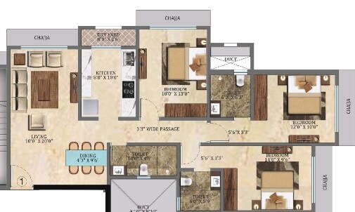 Floor plan of 3 BHK 767 Sq. Ft. Apartment in Veena Crest, Mumbai