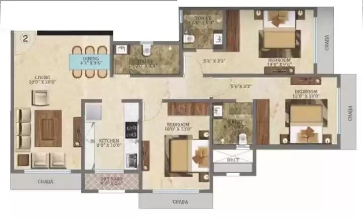 Floor plan of 3 BHK 956 Sq. Ft. Apartment in Veena Crest, Mumbai