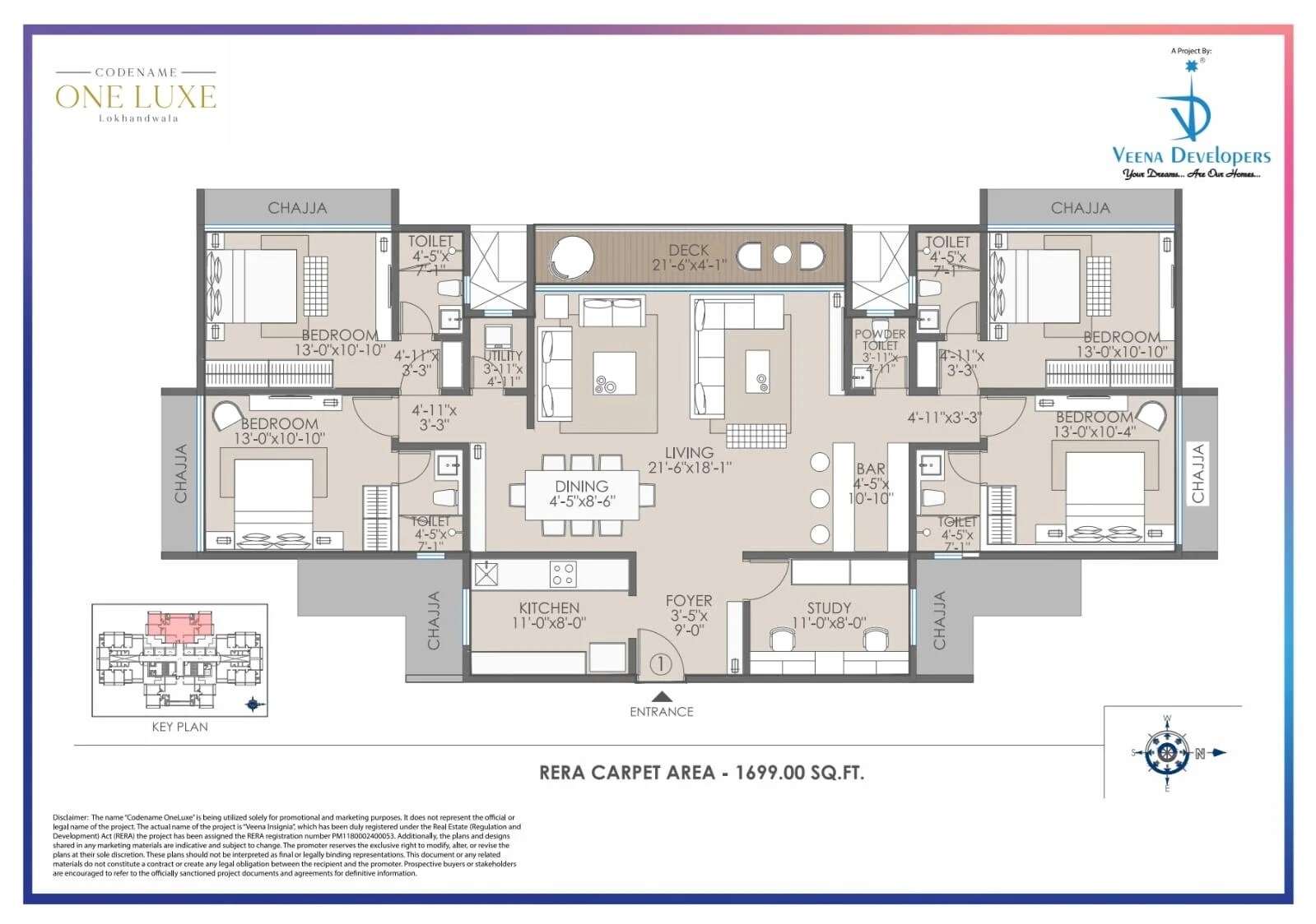 Floor plan of 4 BHK 1699 Sq. Ft. Apartment in Veena Insignia, Mumbai