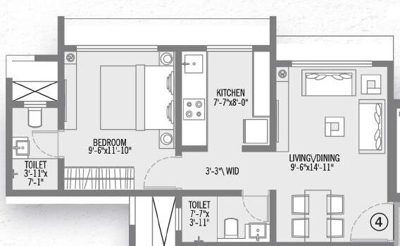 Floor plan of 1 BHK 421 Sq. Ft. Apartment in Veena Santoor Phase II, Mumbai
