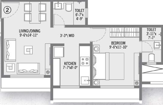 Floor plan of 1 BHK 422 Sq. Ft. Apartment in Veena Santoor Phase II, Mumbai