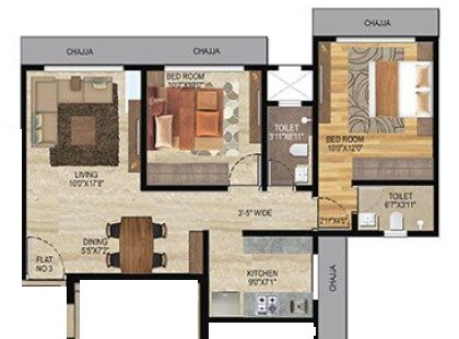 Floor plan of 2 BHK 552 Sq. Ft. Apartment in Veena Senterio, Mumbai