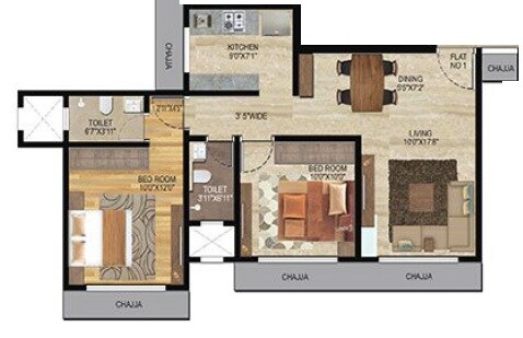 Floor plan of 2 BHK 580 Sq. Ft. Apartment in Veena Senterio, Mumbai