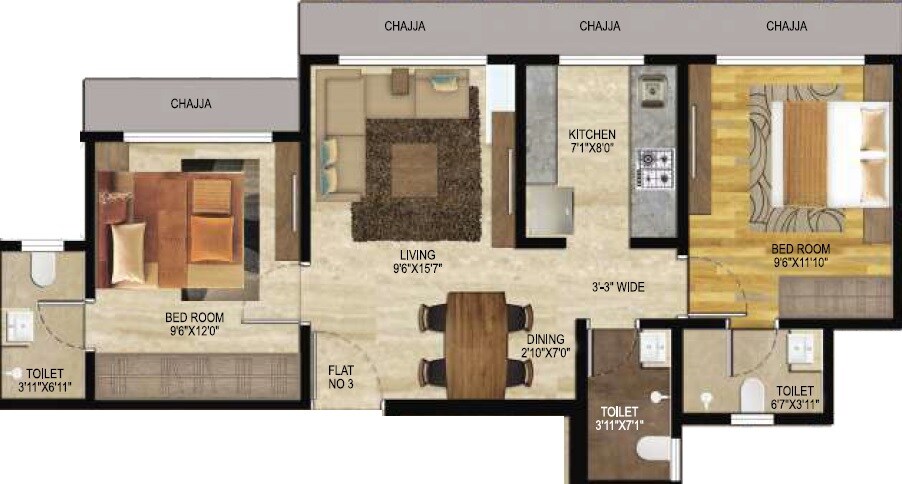 Floor plan of 2 BHK 572 Sq. Ft. Apartment in Veena Serenity, Mumbai