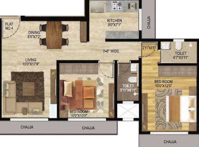 Floor plan of 2 BHK 631 Sq. Ft. Apartment in Veena Serenity, Mumbai