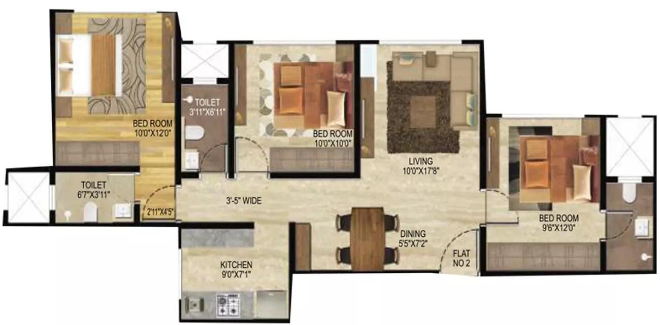 Floor plan of 3 BHK 781 Sq. Ft. Apartment in Veena Serenity, Mumbai