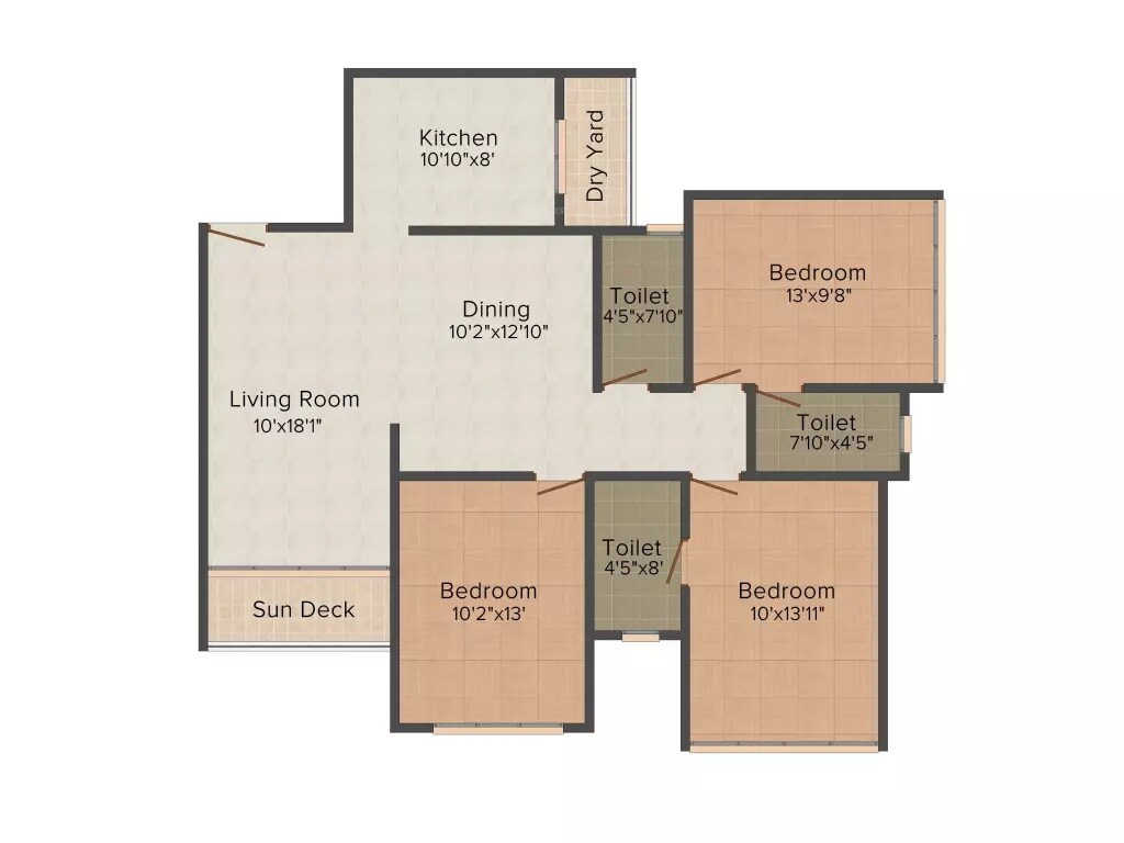 Floor plan of 3 BHK 1600 Sq. Ft. Apartment in Veena Sky Heights, Mumbai
